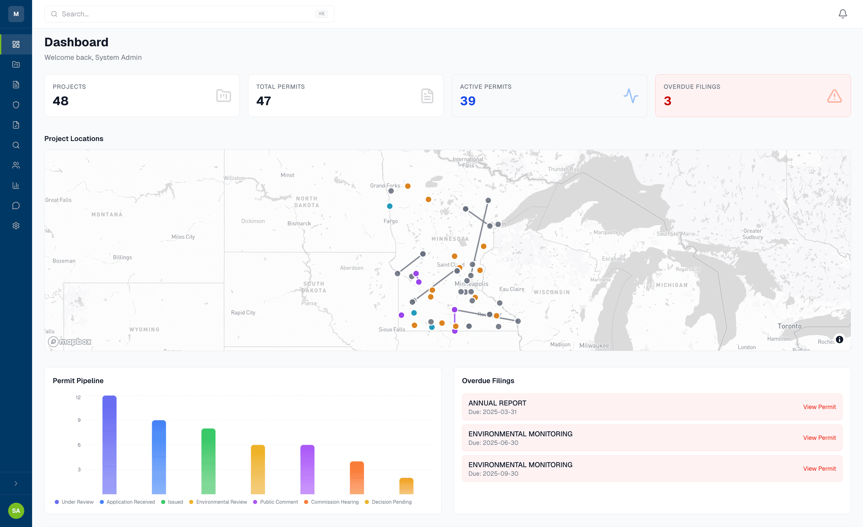 Argus Meridian dashboard showing project KPIs, statewide map, permit pipeline chart, and overdue filings