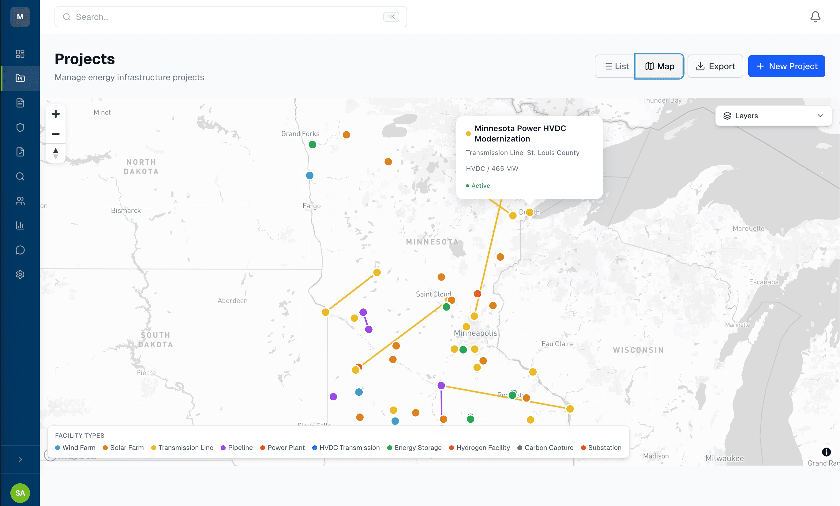 Interactive project map showing energy infrastructure locations across Minnesota with facility type legend