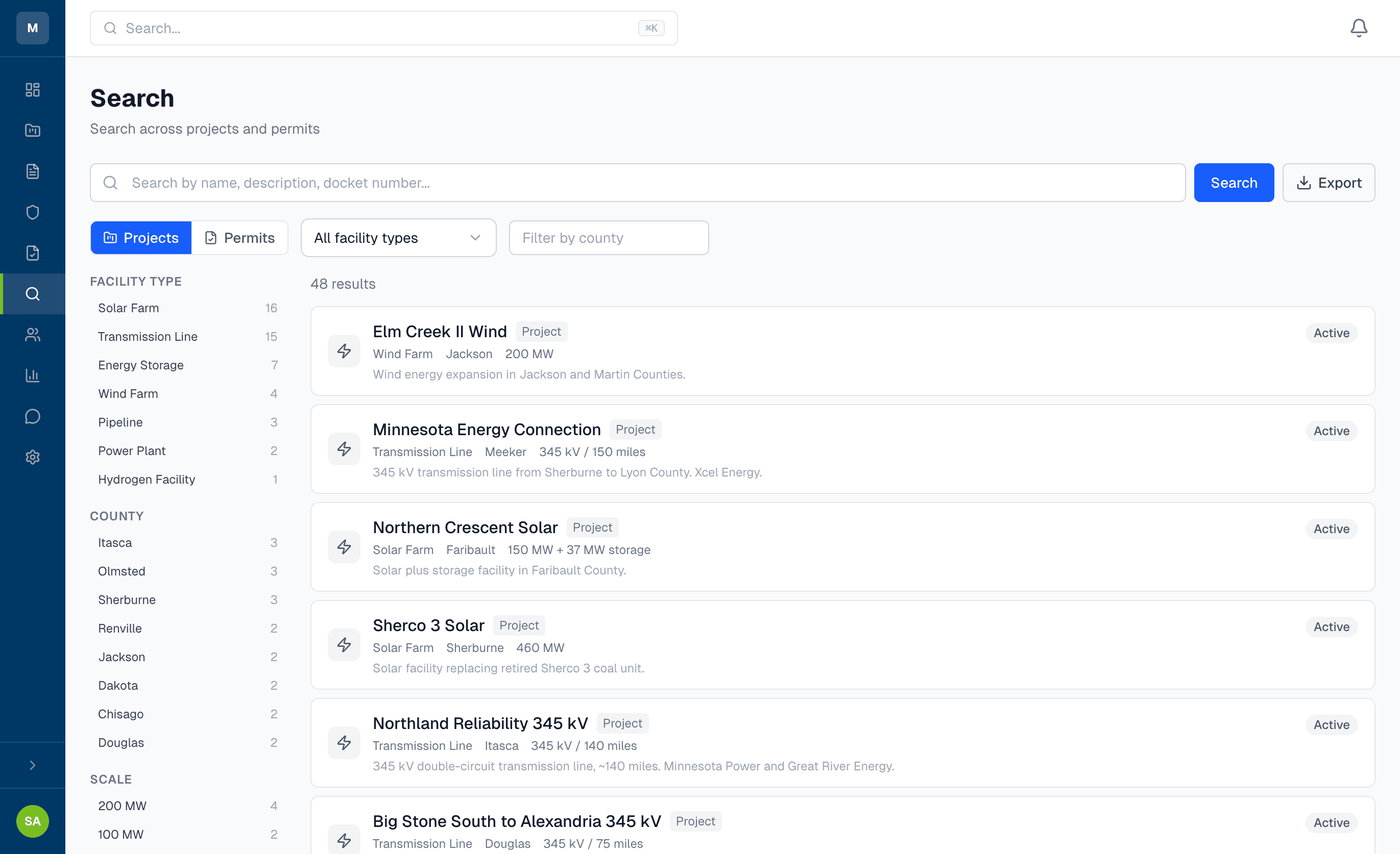 Search interface with faceted filters for facility type, county, and scale across projects and permits