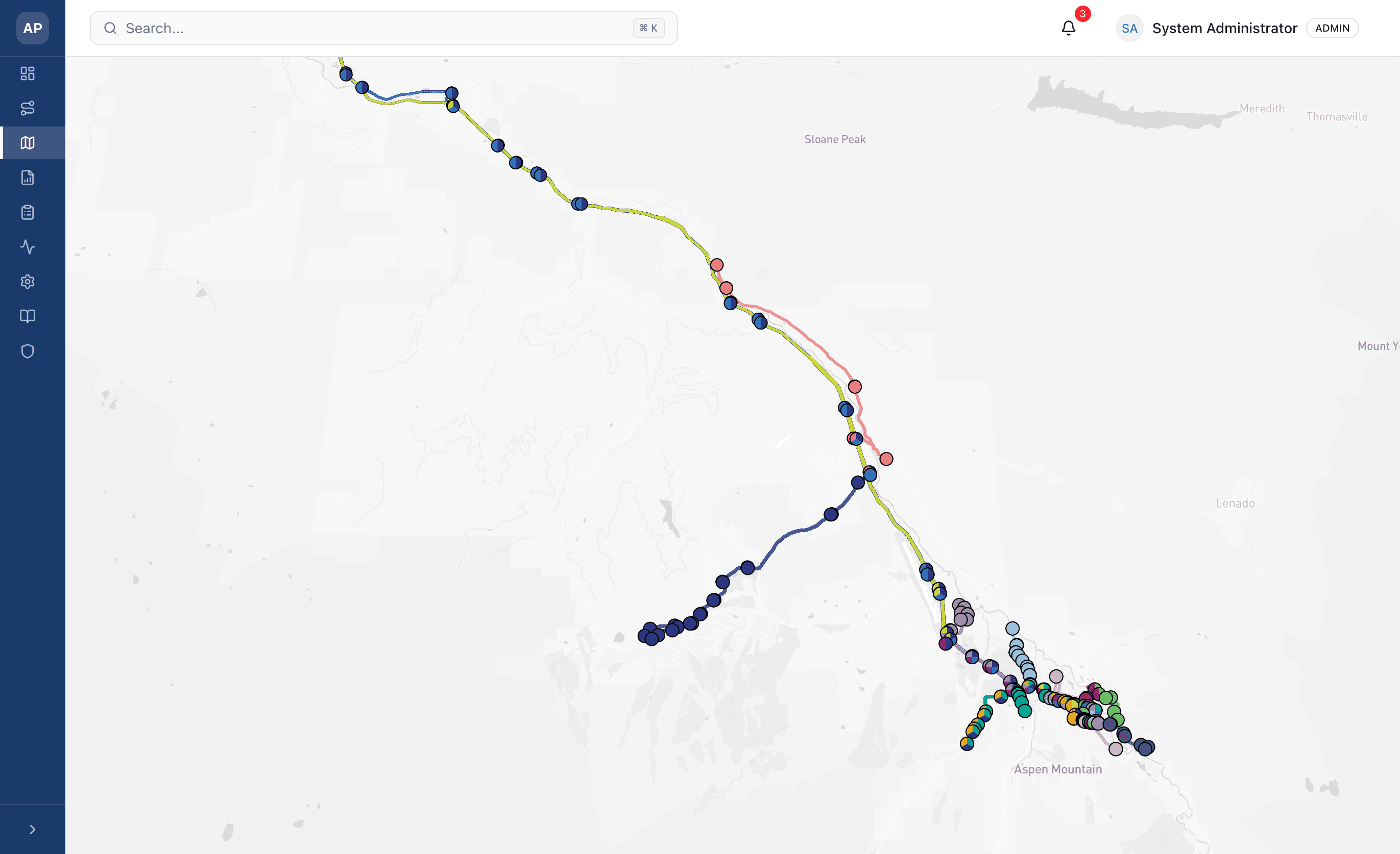 System map showing all transit routes and stop locations across the service area